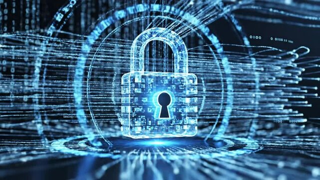 Glowing digital padlock with binary data for cybersecurity concept