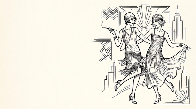 Two flapper women dancing in art deco jazz age style