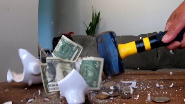Hand smashing a white piggy bank with a hammer in slow motion