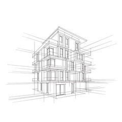 Fototapeta premium Wireframe architectural drawing of a modern multi-story building with balconies and windows