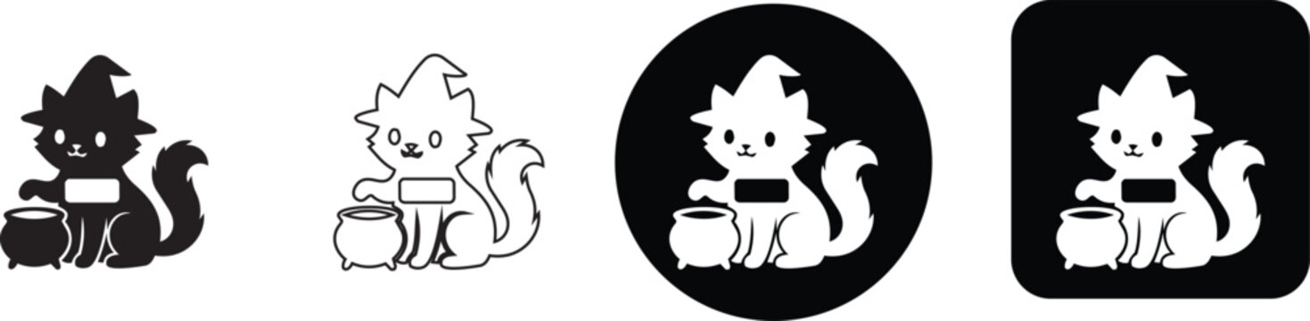 Magic witch cat with cauldron character icon set for Halloween celebration graphic
