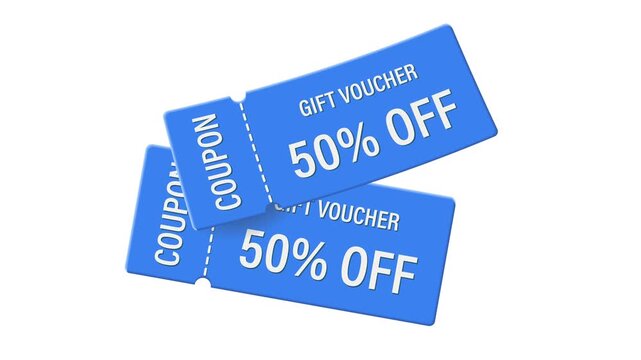 Animation of falling discount coupons in 4k format for marketing, sales enhancement, online shopping, e-commerce and digital advertising campaigns.