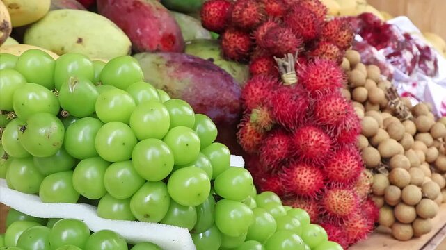 Fresh Tropical Fruits Displayed at Vietnamese Market Stall, Green Shine Muscat Grapes, Rambutan, Longan and Mangoes in Colorful Produce Assortment