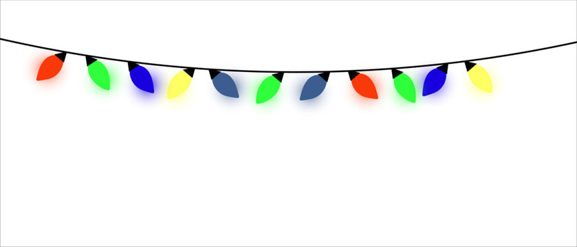 Colorful christmas lights string hanging, holiday light bulbs decoration isolated on white background