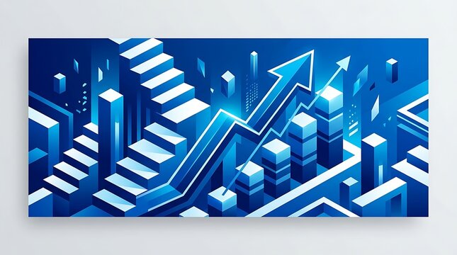 Abstract blue isometric chart with upward arrows and bar graphs