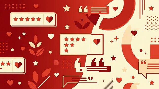 Abstract customer feedback and rating icons on red background