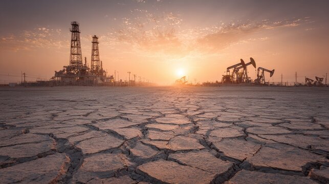 Oil extraction equipment under sunset sky showcasing arid land and cracked soil in industrial landscape