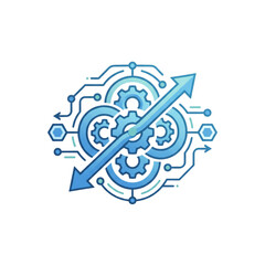Obraz premium Complex Dynamic Automation Icon with Intersecting Gears and Directional Arrows for Multi-Stage Industrial Workflow Concept