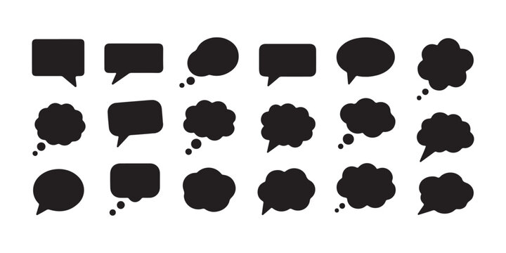 Solid black speech and thought bubble icons set arranged in grid on transparent dark background.