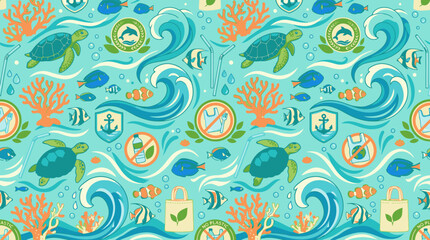 Obraz premium Sea turtles and ocean conservation symbols seamless wave pattern.