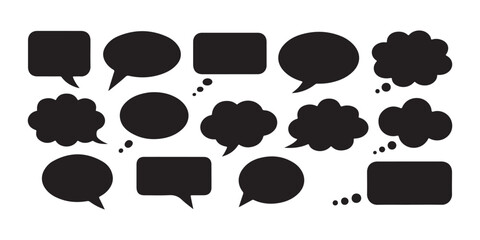 Fototapeta premium Set of black speech bubbles isolated on transparent background, various shapes and sizes communication icons.