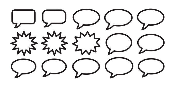 Comic speech bubble outline shapes set with oval and square conversation frames on transparent bg.