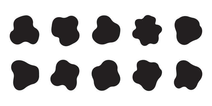 Organic blob shapes set with abstract fluid liquid black spots isolated on a transparent backdrop.