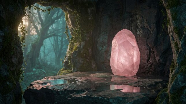 Mossy forest fairy cave displaying a monumental rose quartz monolith on a wet stone ledge, framed by vines and rugged rock, with turquoise woodland haze and soft dawn light entering the grotto