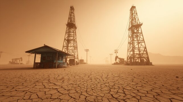 Deserted oil field with drilling rigs under dusty sky and cracked ground at sunset, showcasing desolation and industrial decline