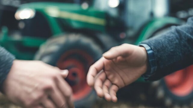 Business agreement between farmer and businessman for tractor sale in agriculture sector. High quality 4k footage