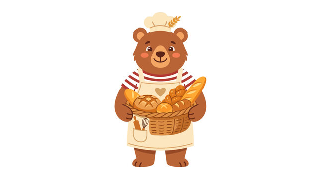 Friendly bear baker holding a basket of fresh bread