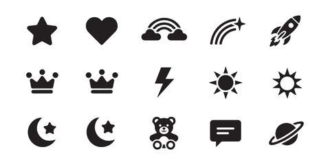 Fototapeta premium Set of cute vector icons featuring celestial elements like moon stars and planets plus toy and crown.