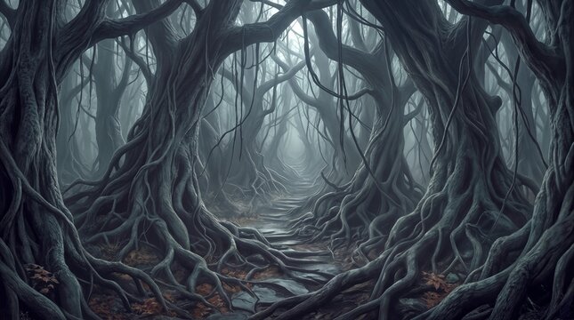 Gnarled trees with tangled roots lining a narrow stone path in a foggy forest. Eerie woodland landscape with thick mist and twisted branches.