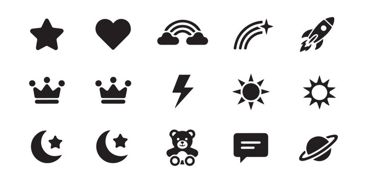 Set of cute vector icons featuring celestial elements like moon stars and planets plus toy and crown.