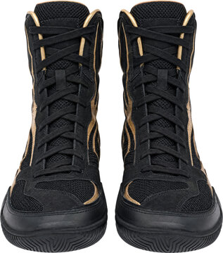 Black and gold wrestling shoes isolated on transparent background