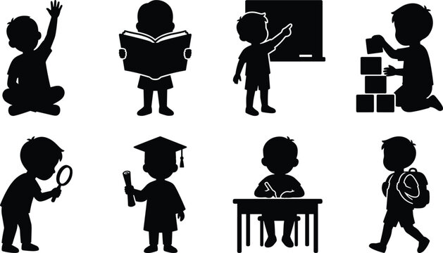 Collection of school boy silhouettes featuring education, learning, reading, writing, and discovery activities