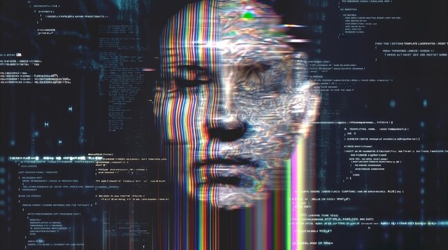 Abstract human face emerging from digital code and glitch effects. Artificial intelligence and data processing concept.