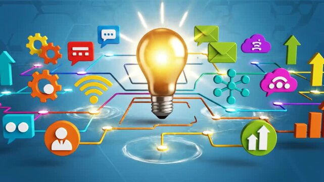 Glowing light bulb with digital communication and social icons.