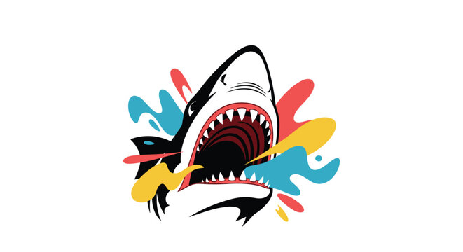 Great white shark with wide open jaws and sharp teeth is surrounded by colorful artistic splashes on a clean white background.