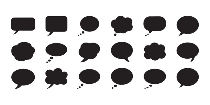 Collection of various black speech bubbles for chat and thought communication.