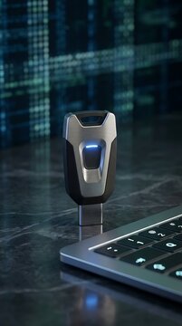 Modern usb security key with blue light on a dark marble surface