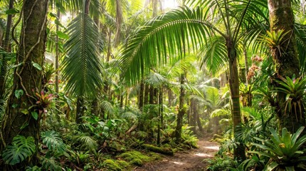 Fototapeta premium Sunlight filtering through the dense canopy of a tropical jungle with rich green vegetation