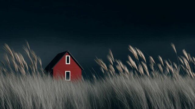 A red house is surrounded by tall grass under a dark sky. Wind moves the grass as clouds gather above. The setting is quiet and shows a simple scene by the coast at dusk.