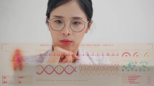 Serious female Asian doctor looking through a futuristic HUD medical interface displaying patient vital signs, DNA, and lab results, representing virtual healthcare and diagnostic technology