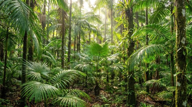 Deep tropical forest landscape featuring pristine green ferns and exotic palm trees