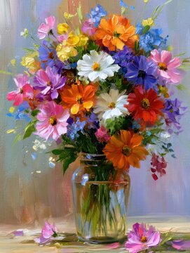 Vibrant oil painting of a diverse bouquet of cosmos flowers in a glass jar, thick impasto brushstrokes, artistic still life, colorful floral arrangement, elegant home decor and art prints.