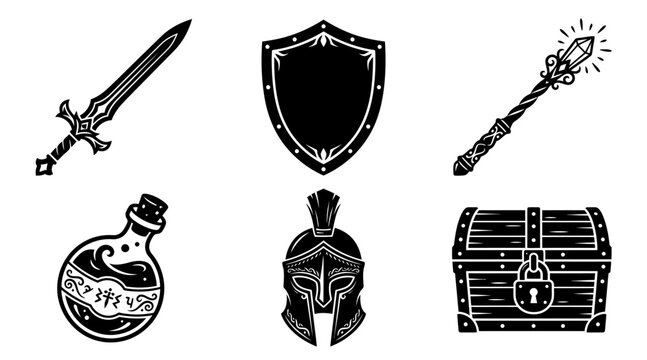 Fantasy game items silhouette vector set, sword, shield, magic wand, potion bottle, helmet and treasure chest, isolated on white