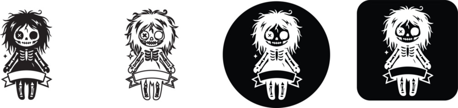 Creepy gothic voodoo doll character vector icon set with blank ribbon banner