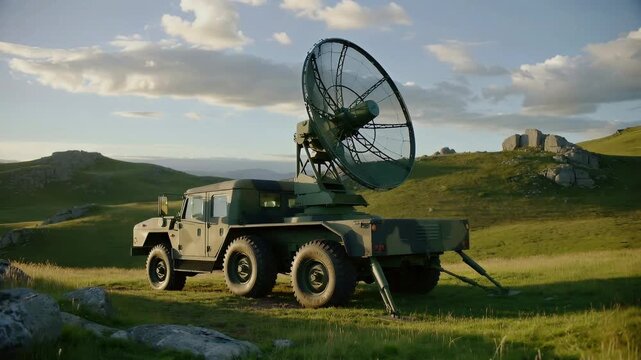 Military vehicle with radar system in a rural landscape during sunset