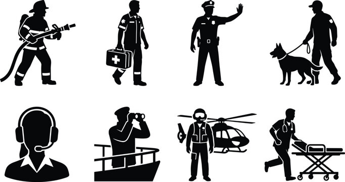 Emergency responder and rescue services black silhouette icons set on white background