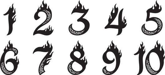 Fototapeta premium A collection of stylized numbers from one to ten, each adorned with flames and decorative patterns.