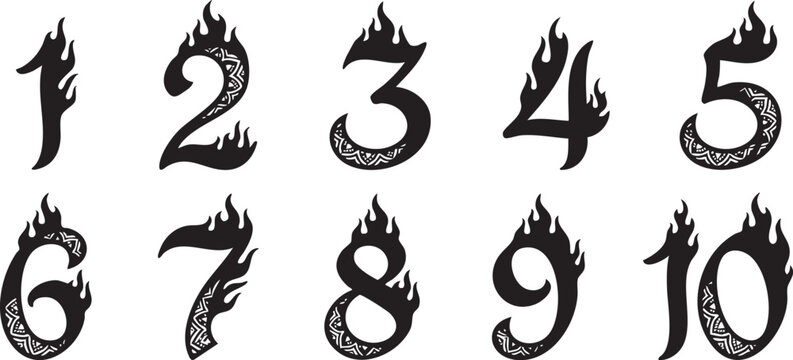 A collection of stylized numbers from one to ten, each adorned with flames and decorative patterns.