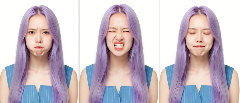 Triptych portrait of a young woman with purple hair showing funny sulking and annoyed grimace expressions