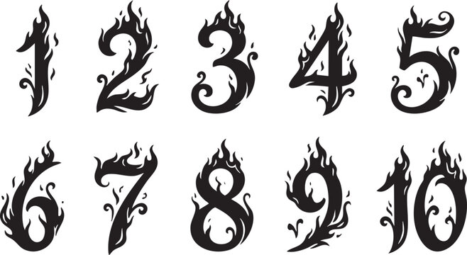 A collection of stylized numbers from 1 to 10, each depicted with flames and decorative elements, presented in black and white.