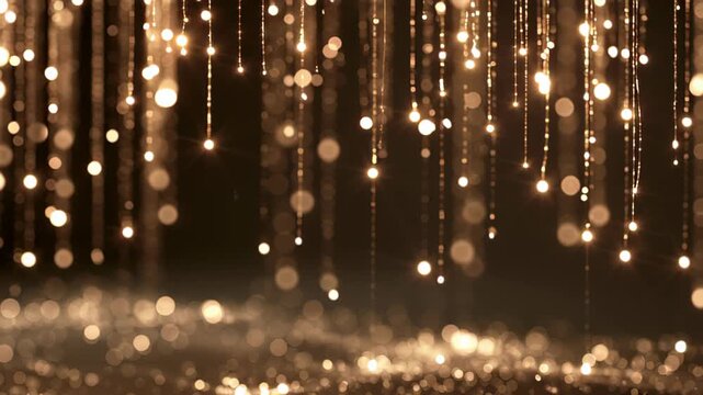 Falling golden lights on a festive background with bokeh and garland