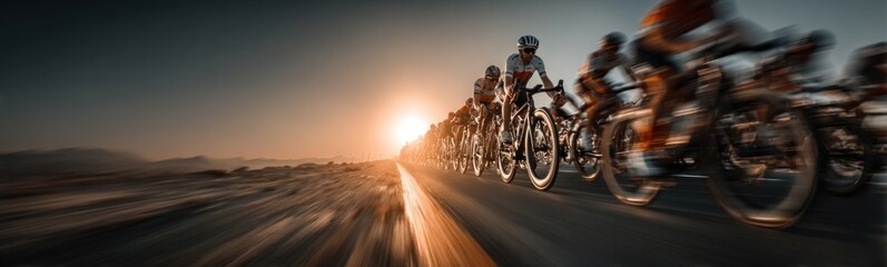 Naklejka premium Many people riding bikes on a road at sunset sport background