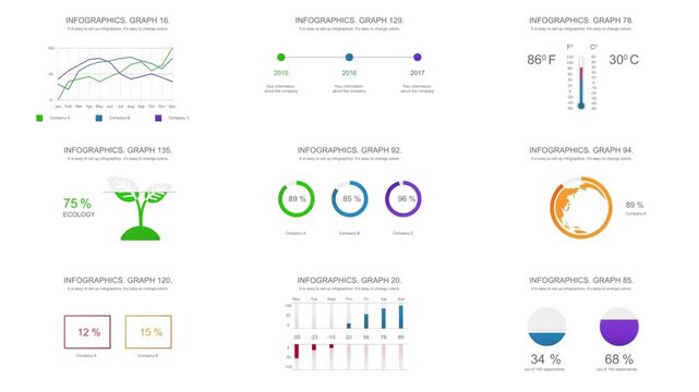 Abstract business infographic template with animated charts, graphs, world map, and data visualization elements for corporate presentation.