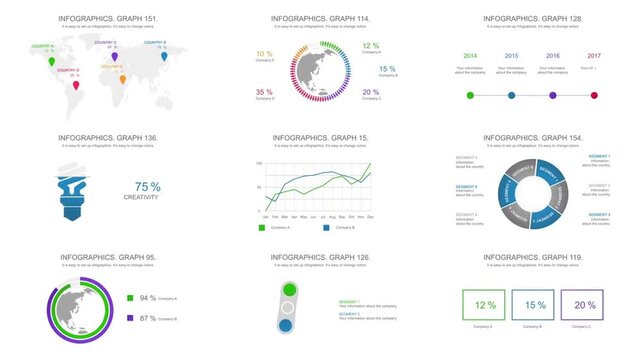 Corporate business infographic elements animation set with charts, graphs, and data visualization on a white background.