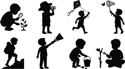 Set of little boy silhouettes exploring nature outdoors featuring hiking camping playing and discovery activities © Sohel