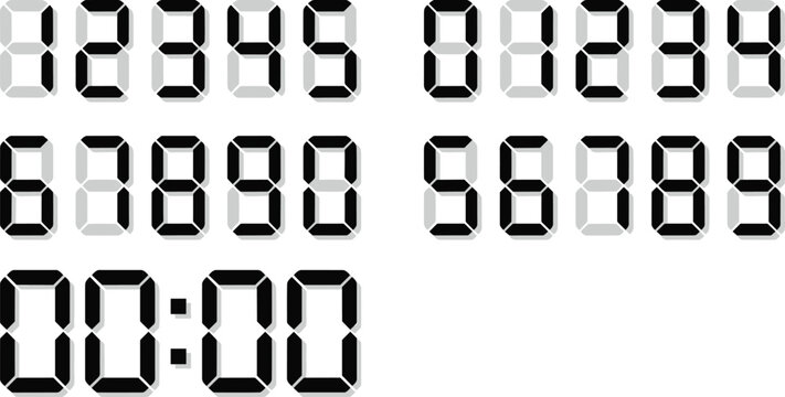 Digital Display Segment Number Set with Electronic Clock Timer Vector Illustration for Countdown Watches, Calculators, Dashboards, and UI Scoreboard Interface Designs